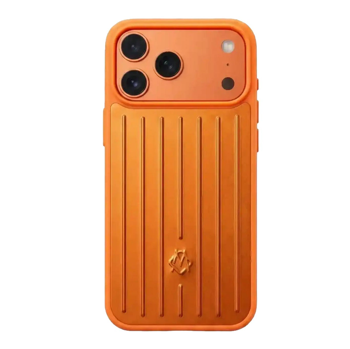 Orange TecHub RIMOWA iPhone 17 Pro Max aluminum silicone case showing textured surface and precise cutouts