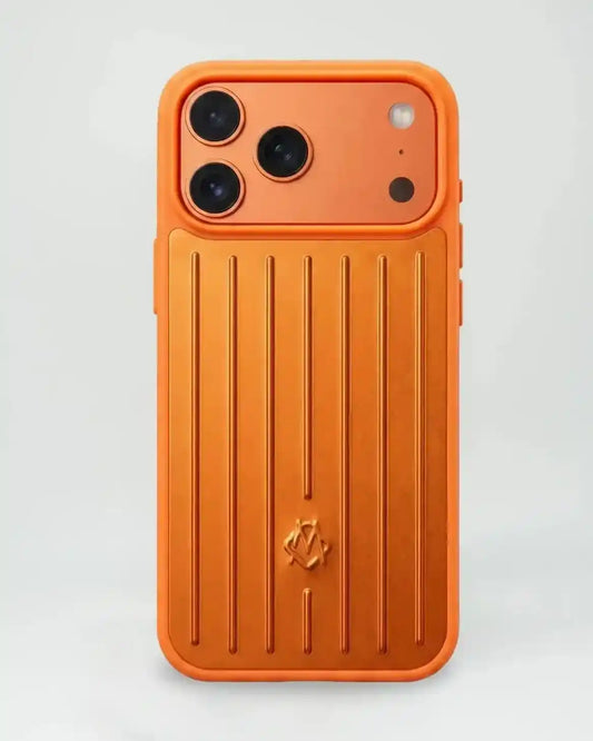 Orange RIMOWA iPhone 17 Pro Max aluminium silicone case by TecHub, showcasing the sleek design and vibrant color.