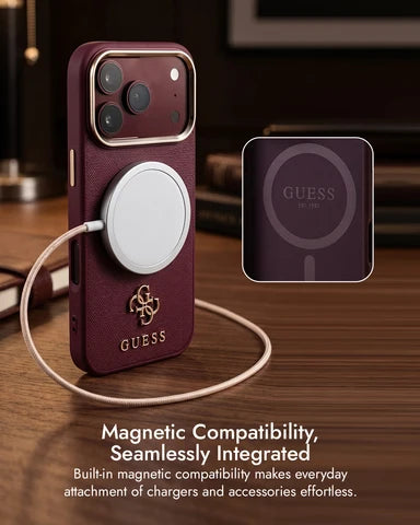 Guess Magsafe PU Stripe Hard Case With Saffiano PU Logo for iPhone 17/18 Pro Max - Burgundy