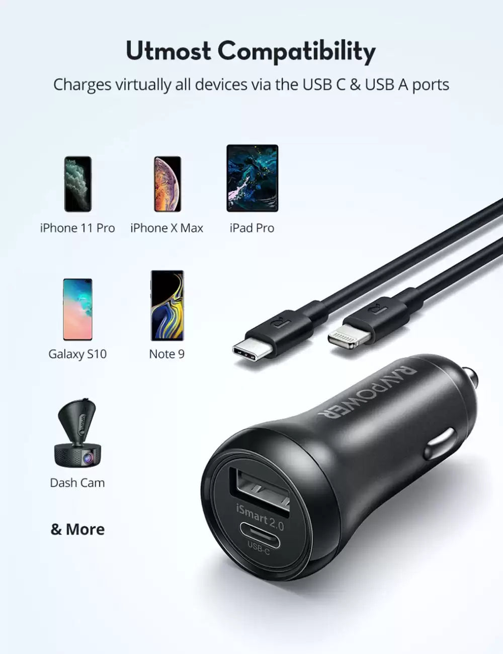 RAVPower 2-Pack PD Pioneer 30W 2-Port USB Car Charger with Type-C Lightning Cable Combo RP-VC015 - TecHub