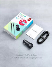 طقم شاحن سيارة RAVPower PD Pioneer بقدرة 30W ومنفذين، مع كابل Type-C وLightning - RP-VC015 - TecHub