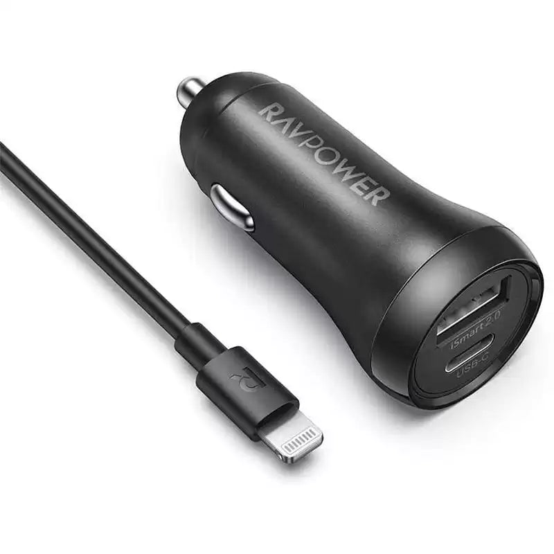 RAVPower 2-Pack PD Pioneer 30W 2-Port USB Car Charger with Type-C Lightning Cable Combo RP-VC015 - TecHub