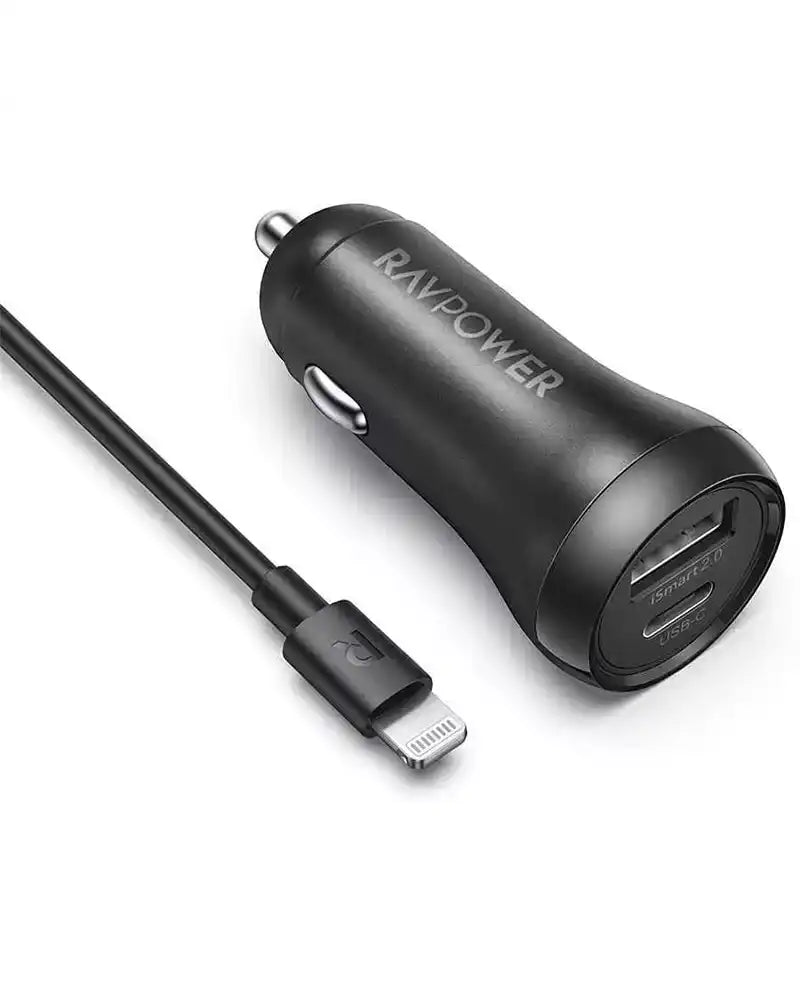RAVPower 2-pack PD Pioneer 30W USB car chargers with dual ports and Type-C Lightning cable in black, compact travel accessories.