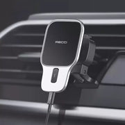 Recci 15W magnetic wireless car charger holder for iPhone, mounted on a vehicle dashboard with a charging iPhone 13.