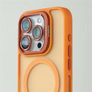 Orange Magic Mask luxury MagSafe lens protector holder case for iPhone 14 Pro Max, with sleek design and secure grip.