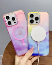 Colorful gradient matte MagSafe Aurora case for iPhone 14 Pro Max in pink, showcasing vibrant design and matte finish.