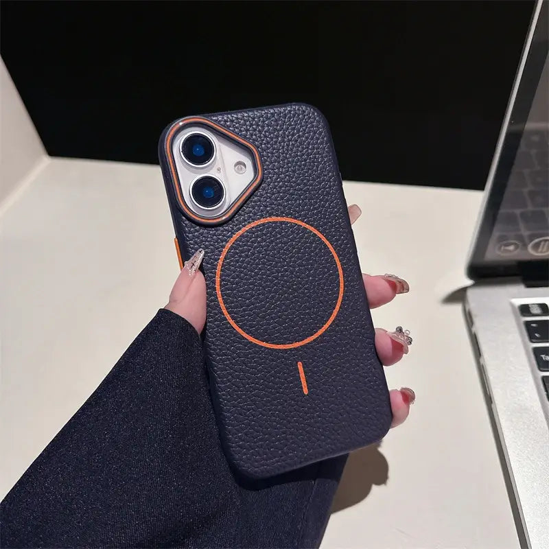 Macaron Leather Matte Magnetic Phone Case - Navy/Orange