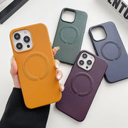Luxury MagSafe leather case for iPhone 15 Pro Max with shockproof bumper, showcasing sleek design and premium material.