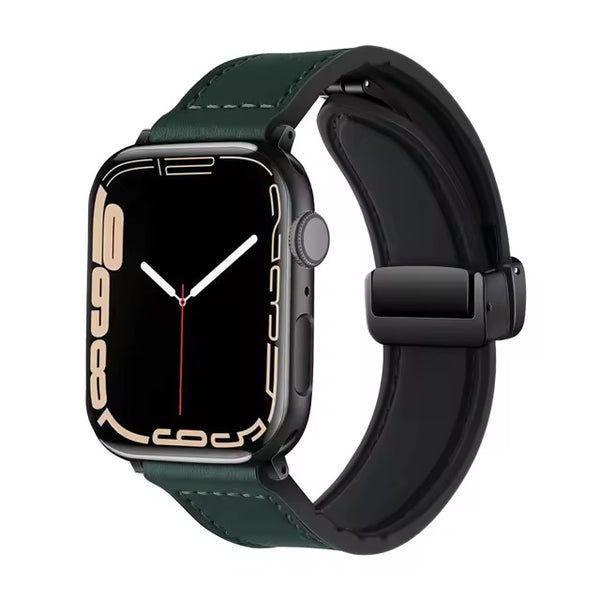 Magnetic leather band strap in army green for Apple Watch 42-49mm, compatible with case and stylishly designed.