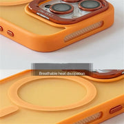 Orange Magic Mask luxury MagSafe lens protector holder case for iPhone 14 Pro Max, showing the sleek, protective design.