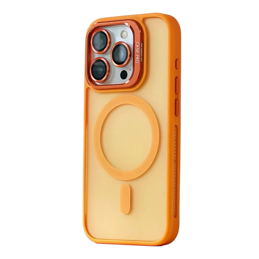 Orange Magic Mask Luxury Magsafe lens protector holder case for iPhone 14 Pro Max with sleek design and secure attachment.
