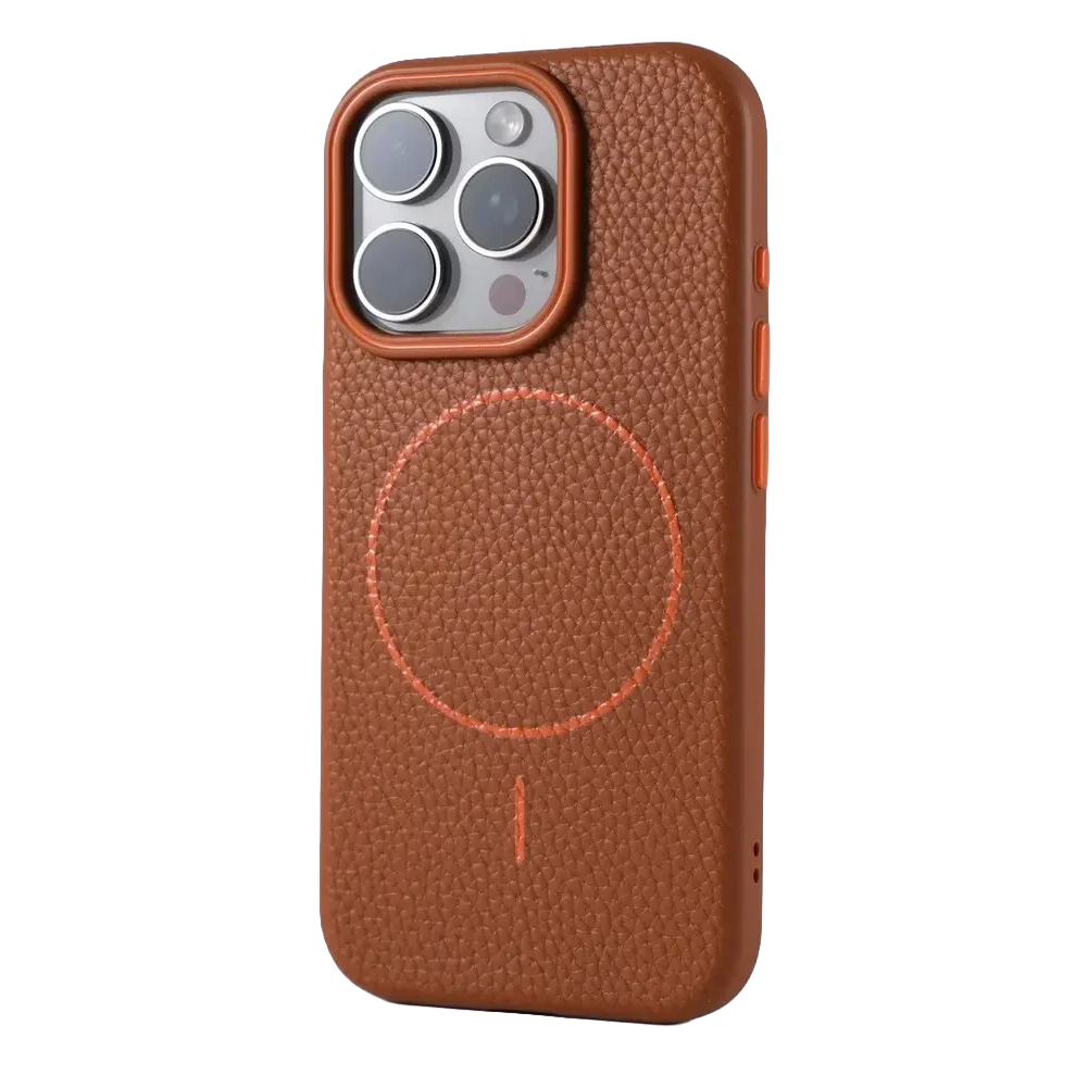 TecHub Macaron Leather Matte Magnetic Case for iPhone 16 Pro Max in orange, showcasing a sleek, textured leather finish.