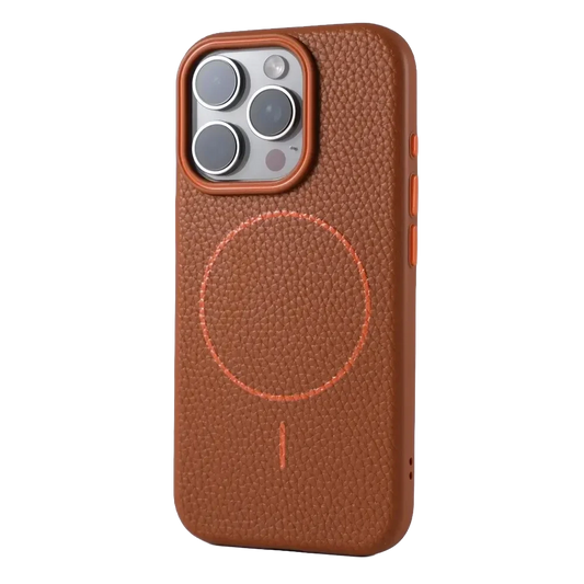 TecHub Macaron Leather Matte Magnetic Case for iPhone 16 Pro Max in orange, showcasing a sleek, textured leather finish.