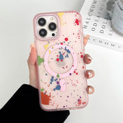 Pink MagSafe wireless charging case with graffiti and polka dot design for iPhone 13 Pro Max, featuring a stylish protective cover.
