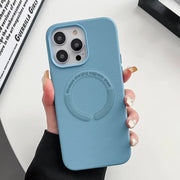 Luxury MagSafe leather iPhone 15 Pro Max case with shockproof bumper, designed to protect and enhance the phone’s sleek look.