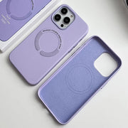 Luxury MagSafe leather case with shockproof bumper for iPhone 15 Pro Max, featuring sleek design and durable protection.
