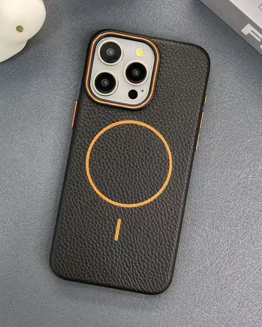 Macaron Leather Matte Magnetic Phone Case - Black/Orange