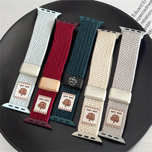 Cartoon bear braid nylon magnetic buckle strap for Apple Watch 42-49mm by TecHub, featuring colorful bear design and adjustable strap.