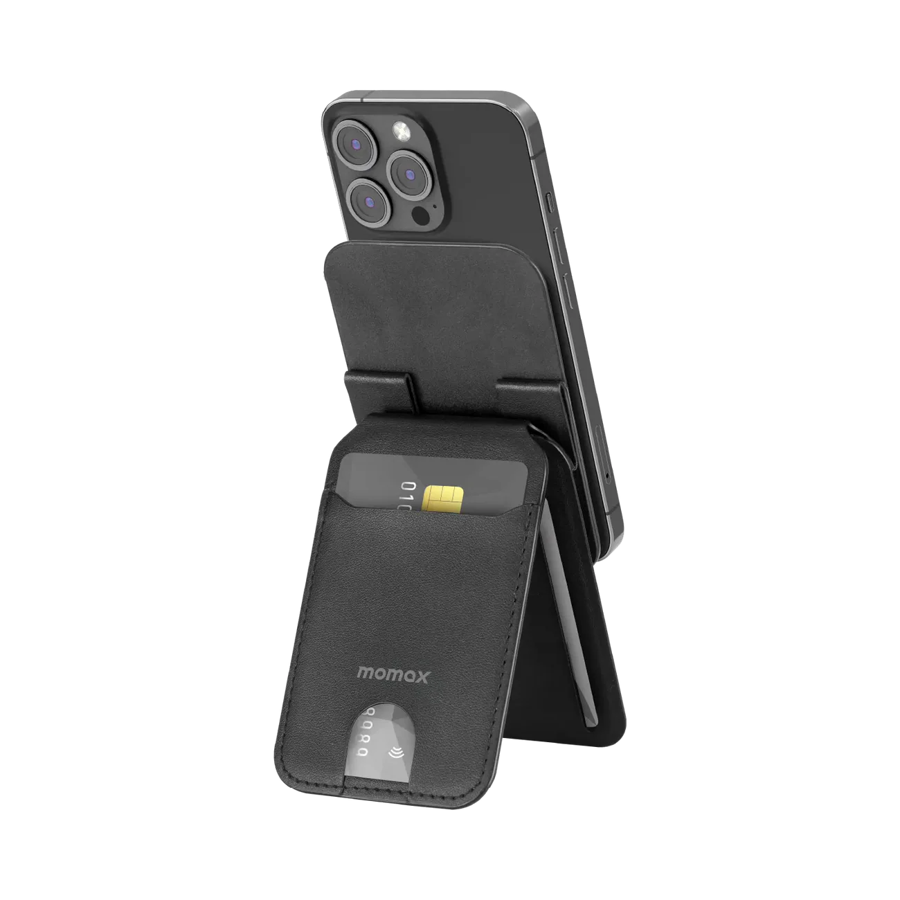 Momax 1-Wallet Magnetic Card Holder with Adjustable Stand - Black