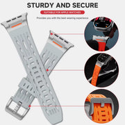 TecHub Recci silicone strap with metal connector for Apple Watch 42-49mm, showing the adjustable watch band and clasp detail.