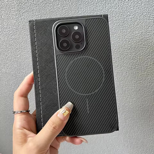 Carbon Fiber Textured Magnetic Phone Case For iPhone 15 Pro Max - Black