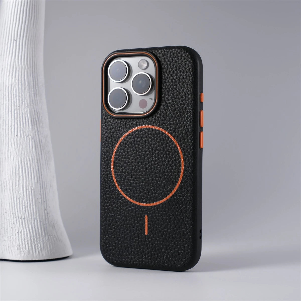 Macaron Leather Matte Magnetic Phone Case - Black/Orange
