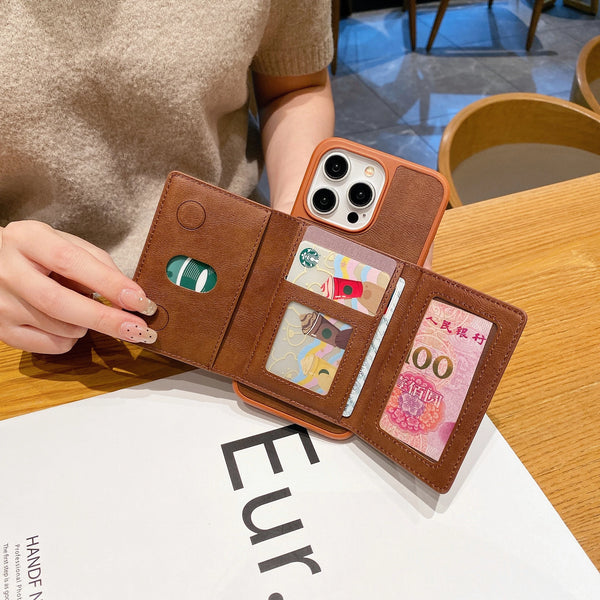 TecHub Triple Fold Leather MagSafe Wallet case with card holder, featuring a sleek brown leather design.