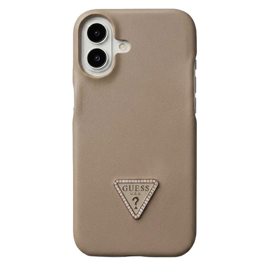 Grey Guess leather back cover case for iPhone 16 by TecHub, showing the sleek, textured leather design on the phone.
