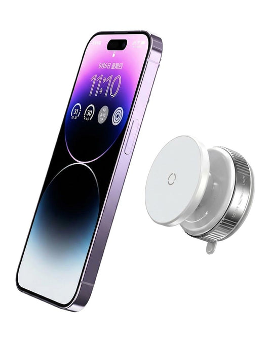 TecHub GOJI G2 magnetic phone holder in white with 360-degree rotation and strong magnetic hold, mounted on a car dashboard.