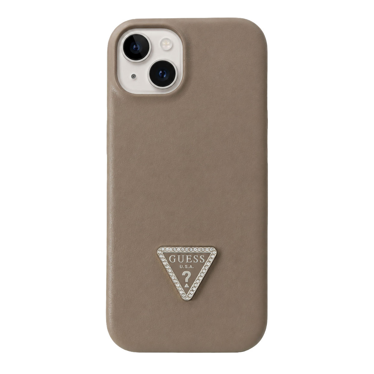 TecHub Guess leather back cover case for iPhone 15 in grey, showing the stylish leather exterior and precise camera cutout.