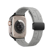 Magnetic silicone watch strap for Apple Watch 42mm to 49mm, TecHub case with adjustable magnetic closure.