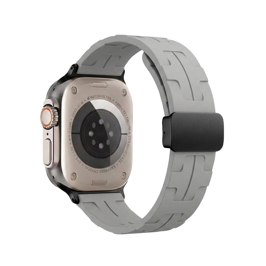 Magnetic silicone watch strap for Apple Watch 42mm to 49mm, TecHub case with adjustable magnetic closure.