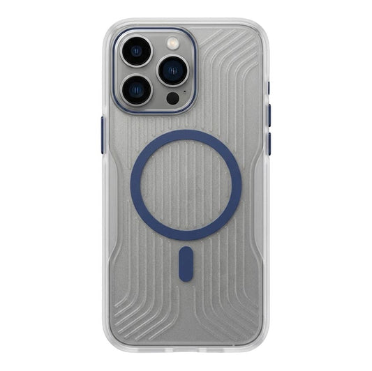 Blue TecHub soft striped corrugated MagSafe case for iPhone 16 Pro Max showing textured design and precise cutouts.