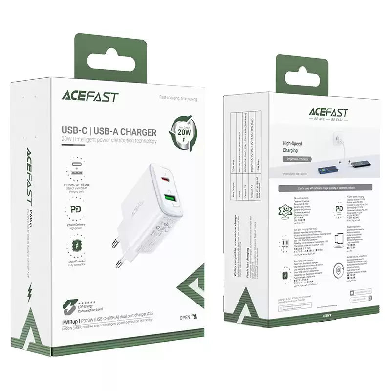 AceFast Wall Charger A25 PD20W (1xUSB-C+1xUSB-A) Fast Charge - TecHub