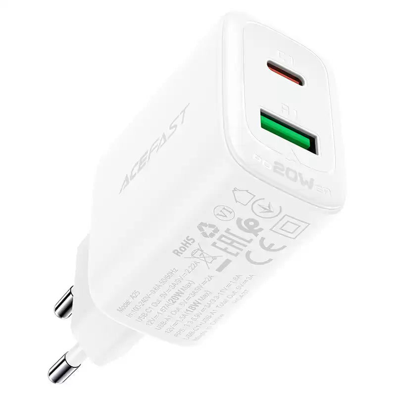 AceFast Wall Charger A25 PD20W (1xUSB-C+1xUSB-A) Fast Charge - TecHub