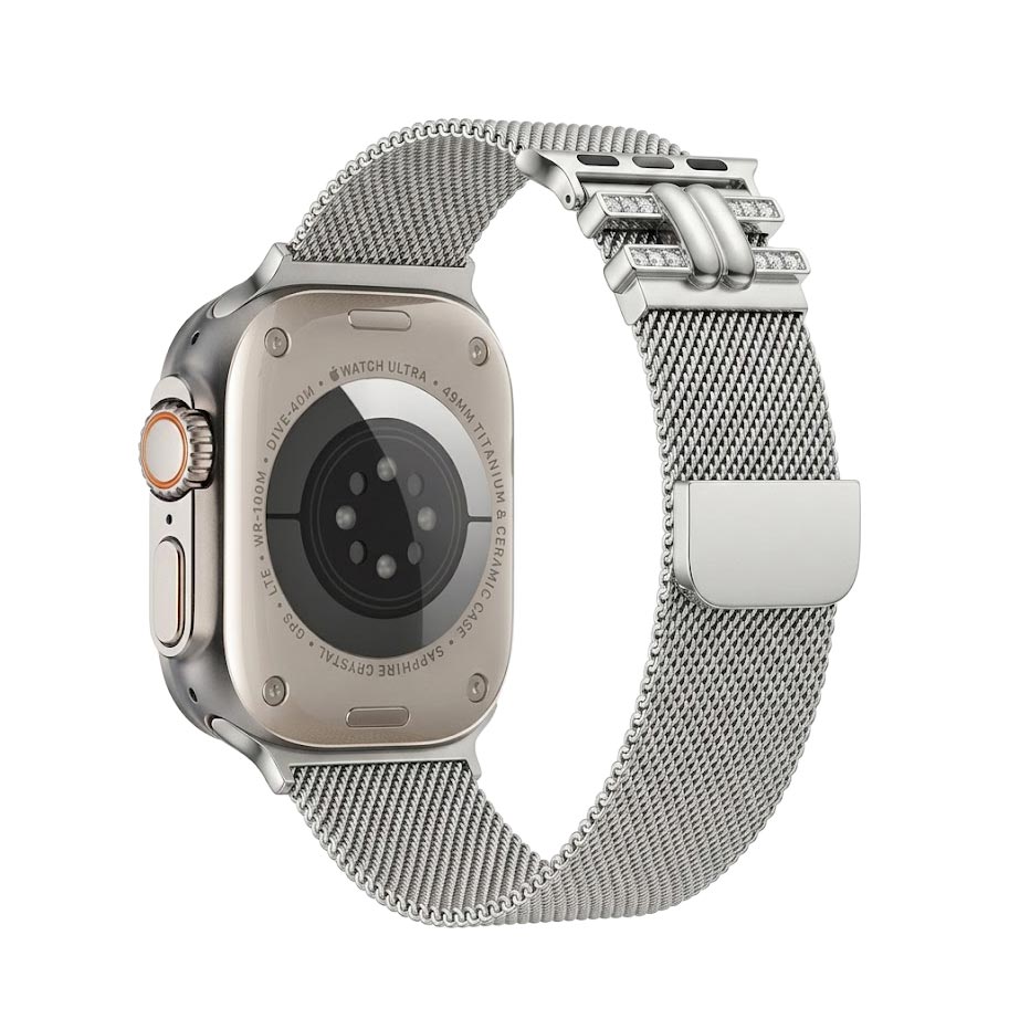 TecHub leopard print stainless steel Apple Watch strap for women, slim diamond case compatible with 42-49mm models.