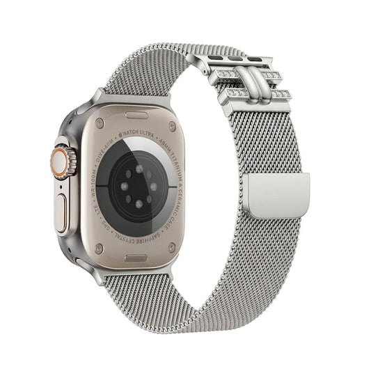 TecHub leopard print stainless steel Apple Watch strap for women, slim diamond case compatible with 42-49mm models.