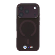BMW licensed TecHub MagSafe case for iPhone 18 Pro Max, frosted IML printed burgundy cover with metal button design.
