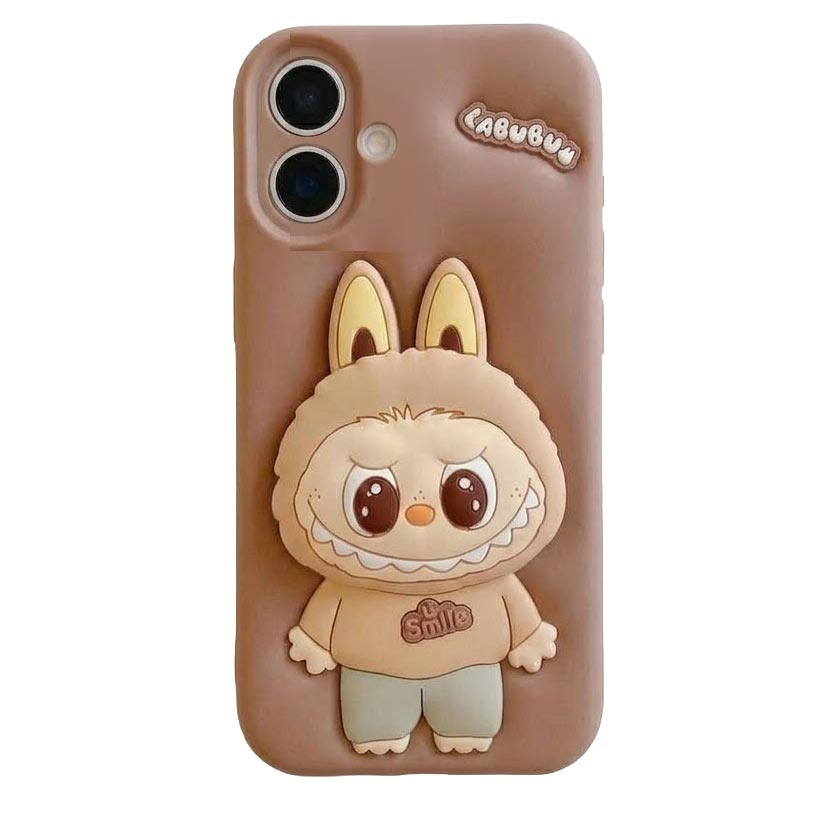 Labubu 3D Cartoon Silicone iPhone 16 case with hand stand by TecHub, featuring colorful cartoon character design on soft silicone.