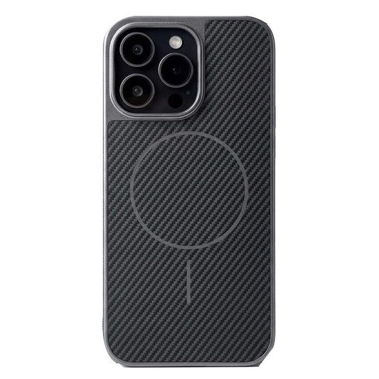 Black TecHub carbon fiber textured magnetic phone case for iPhone 15 Pro Max, showing the sleek, durable design and magnetic closure.
