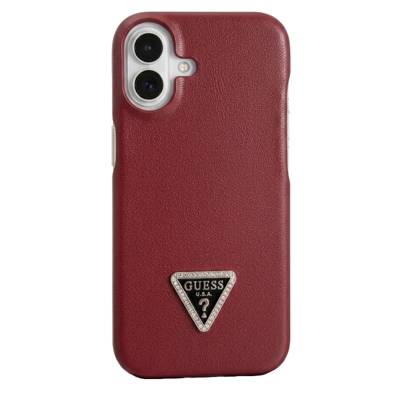 TecHub Guess leather back cover case for iPhone 16 in maroon, featuring a smooth leather finish and precise cutouts.