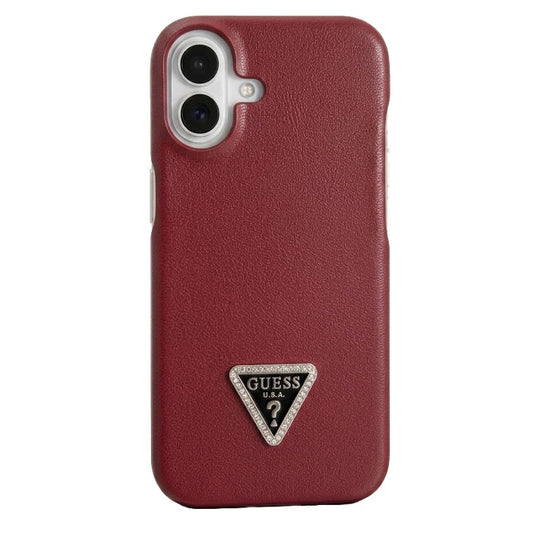 TecHub Guess leather back cover case for iPhone 16 in maroon, featuring a smooth leather finish and precise cutouts.