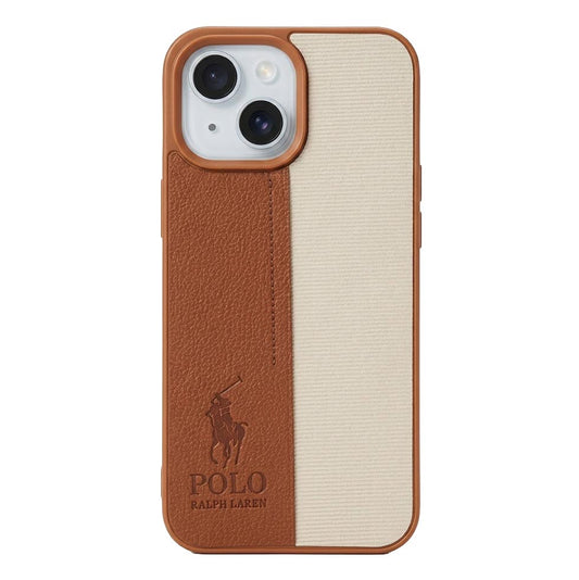 Brown TecHub Polo leather case for iPhone 15 with a sleek, textured design and precise cutouts for buttons and camera.