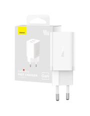 White Baseus Wall Charger GaN5 Pro 2C 40W with dual USB-C ports, compact design, and high-speed charging capability.