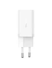 White Baseus Wall Charger GaN5 Pro 2C 40W with USB-C ports, compact design, and sleek finish, ideal for fast device charging.
