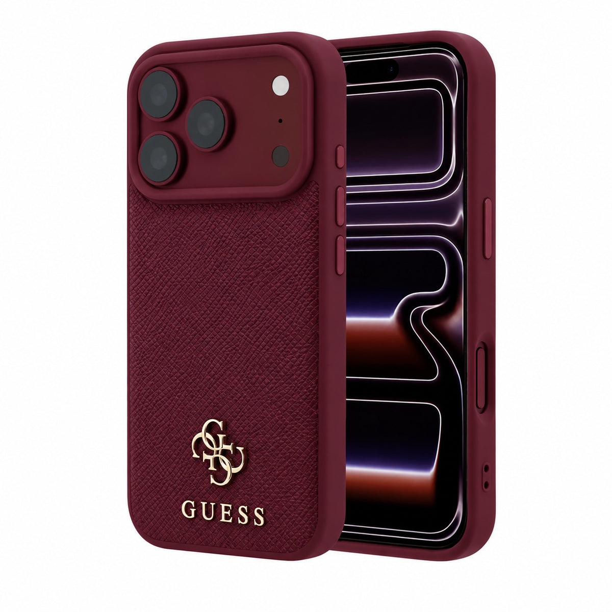 TecHub Guess Magsafe PU stripe hard case with Saffiano PU logo for iPhone 17/18 Pro Max, in burgundy color.