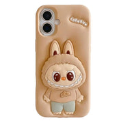 TecHub Labubu 3D cartoon silicone iPhone 16 case with hand stand, featuring colorful, playful design and flexible material.
