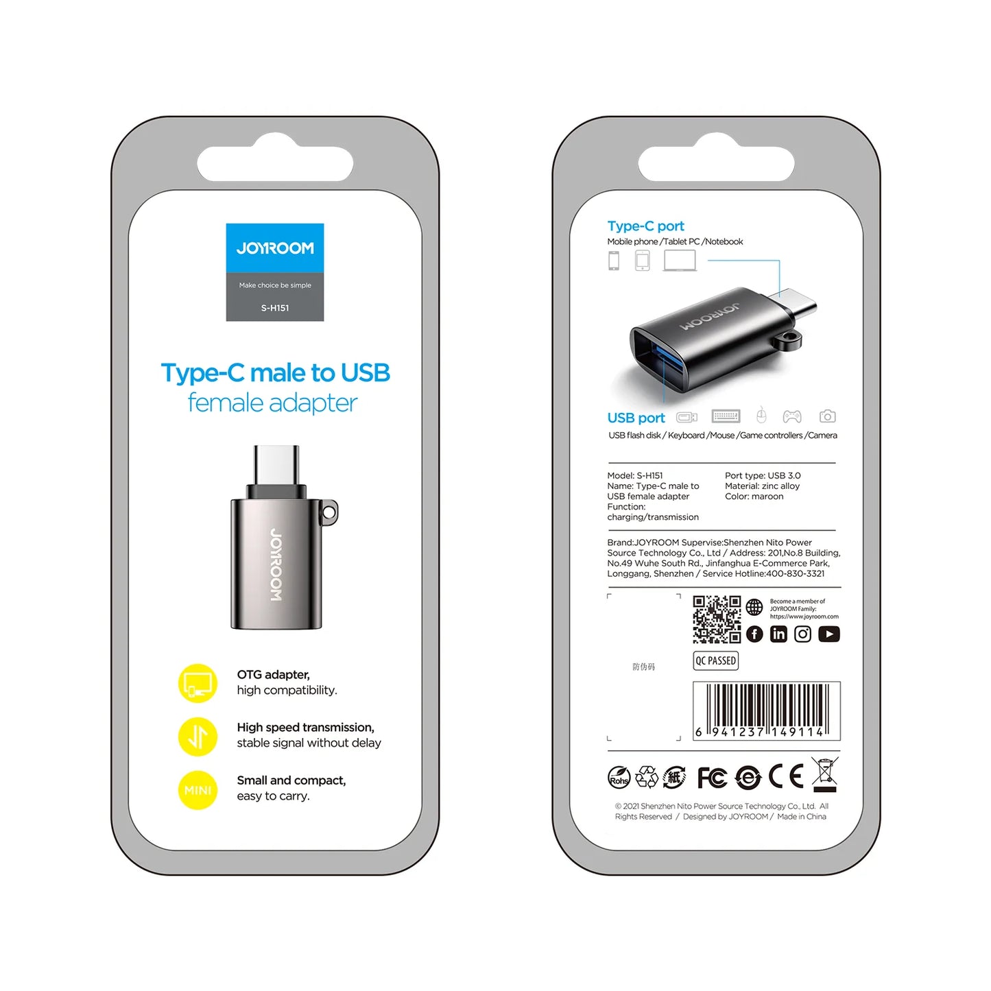 Joyroom Type C (Male) to USB (Female) Adapter - Black