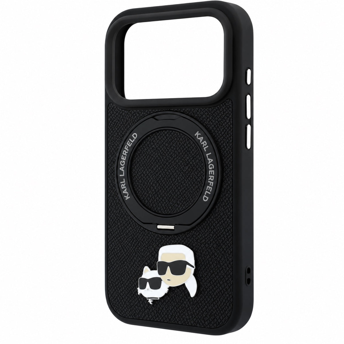 Black iPhone 17/18 Pro Max MagSafe case featuring Karl Lagerfeld with Ring Stand and Choupette heads design by TecHub.