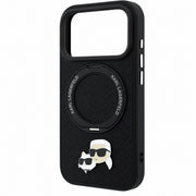Black iPhone 17/18 Pro Max MagSafe case featuring Karl Lagerfeld with Ring Stand and Choupette heads design by TecHub.